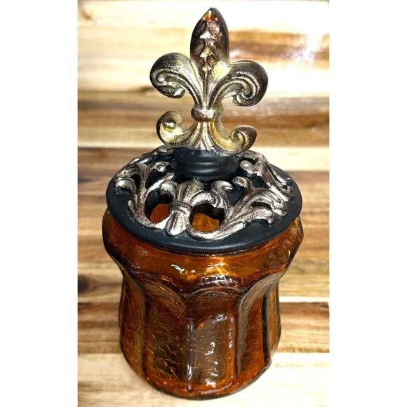 Decorative Amber Crackle Glass Canister With Fluer-de-lis Lid - Picture 7 of 13